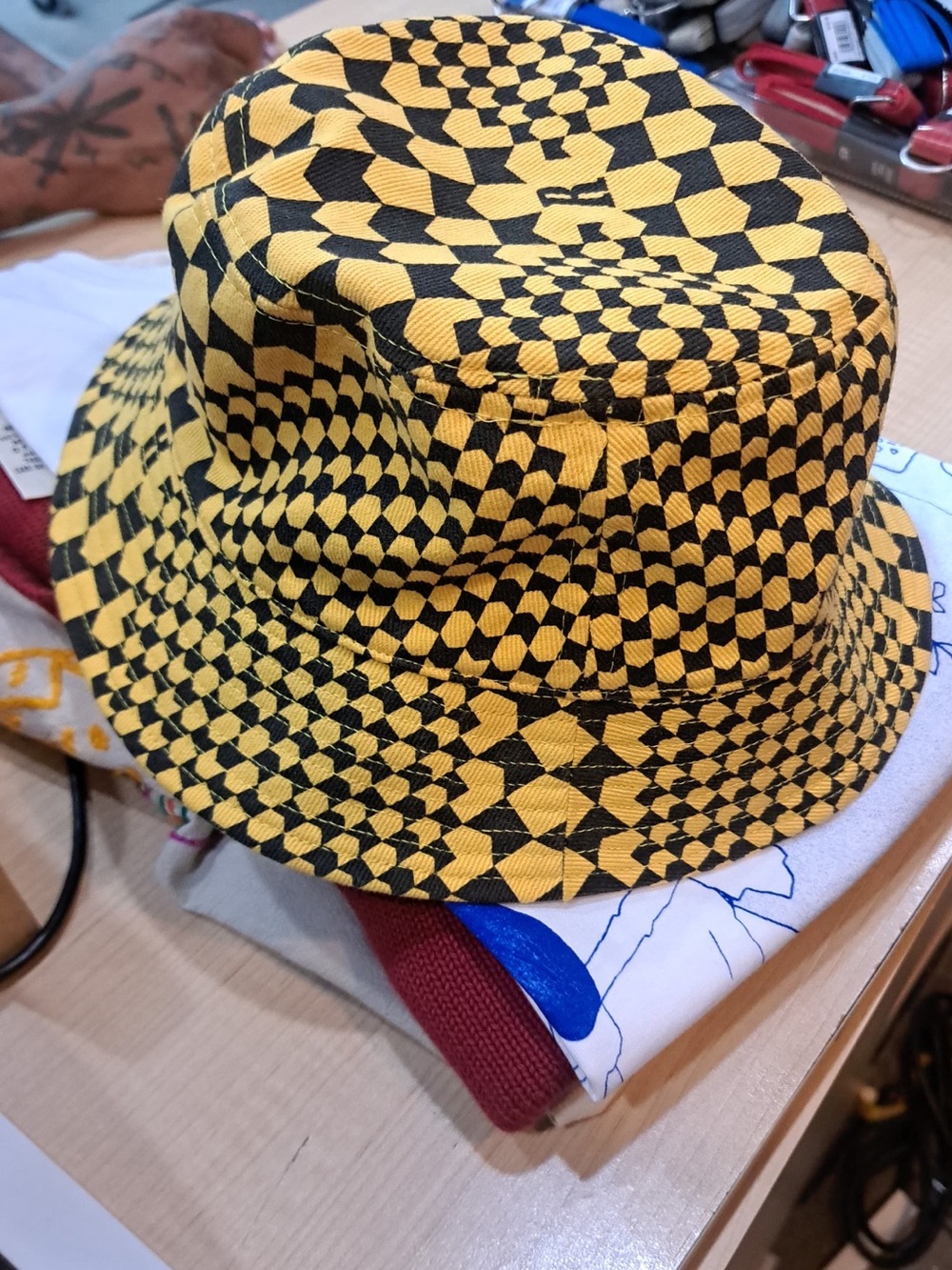 Rhude Yellow and Black Checkerboard Bucket Hat